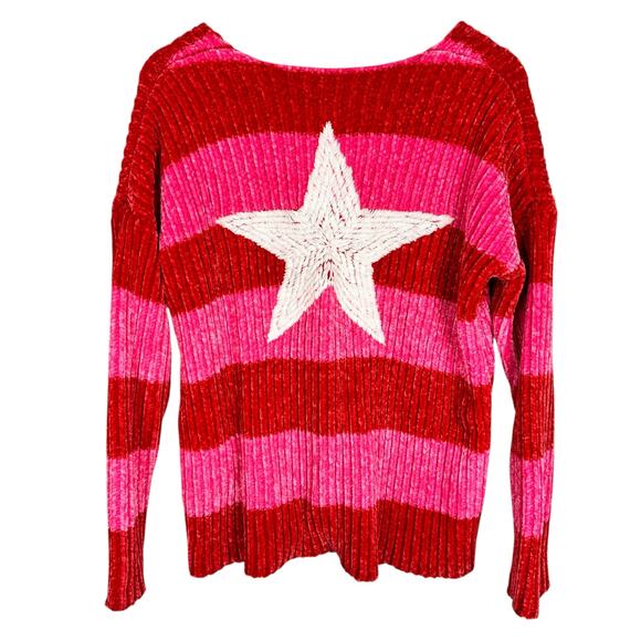 NWT Wildfox Heavy Chenille Red Pink Striped Oversized V-neck Knit Sweater Size S - Picture 4 of 16